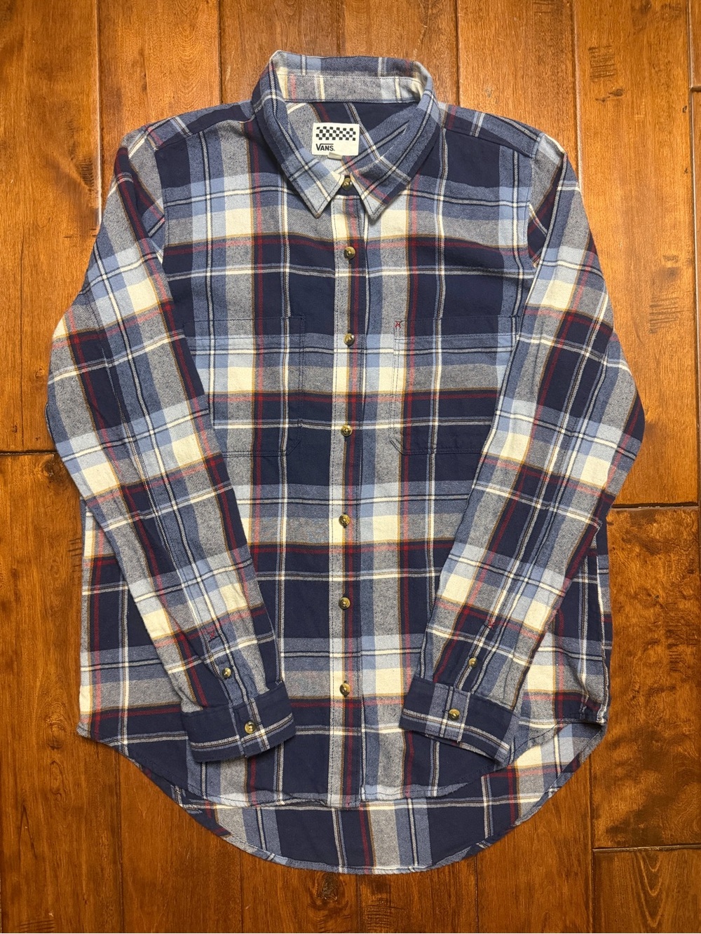 Vans Women’s Blue and Light Blue Navy Plaid Button-Down Shirt Flannel
